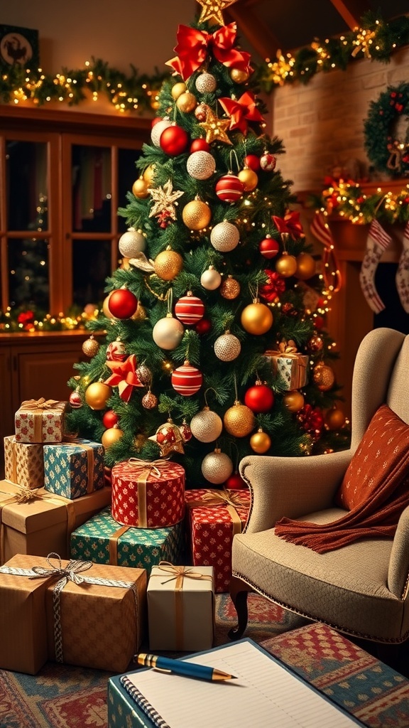 A decorated Christmas tree with gifts underneath, creating a festive holiday atmosphere.